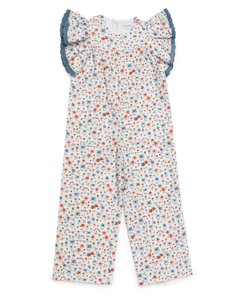 GIRLS FLOWERS AND BLUE RUFFLE JUMPSUIT