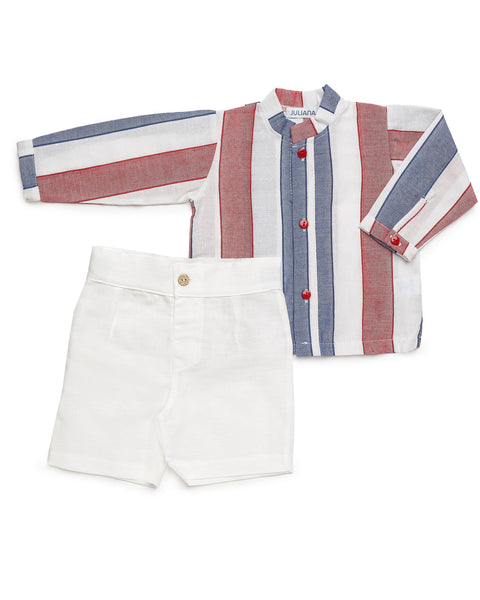 BOYS RED AND BLUE STRIPED SHIRT AND SHORT 2P SET