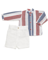 BOYS RED AND BLUE STRIPED SHIRT AND SHORT 2P SET