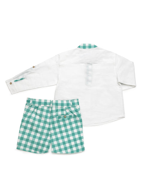 BOYS GREEN PLAID AND SHIRT 2P SET