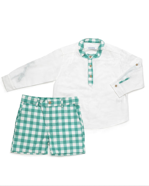 BOYS GREEN PLAID AND SHIRT 2P SET