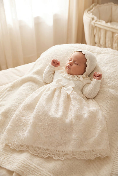 IVORY BABY KNITTED WITH LACE GOWN 2P SET