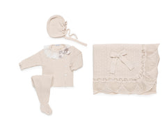 CREAM BABY CHECK PATTERN BLANKET AND LACE BOW COLLAR NEWBORN 4P SET