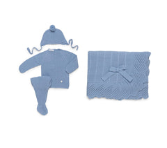 SKY BLUE BABY CHECK PATTERN BLANKET AND NEWBORN 4P SET