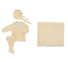 LIGHT YELLOW BABY CABLE KNIT BLANKET AND LACE COLLAR NEWBORN 4P SET