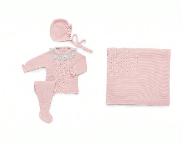 LIGHT PINK BABY CABLE KNIT BLANKET AND LACE COLLAR NEWBORN 4P SET