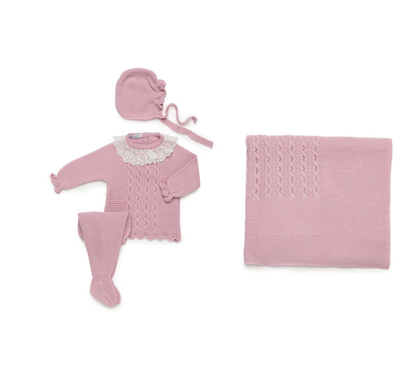 OLD PINK BABY CABLE KNIT BLANKET AND LACE COLLAR NEWBORN 4P SET