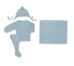 DUSTY BLUE BABY OVER CABLE BLANKET AND NEWBORN 4P SET