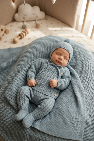 DUSTY BLUE BABY OVER CABLE BLANKET AND NEWBORN 4P SET