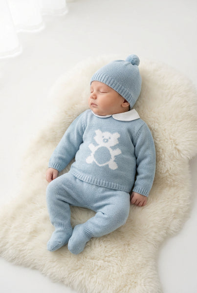 DUSTY BLUE NEWBORN BEAR WITH COLLAR 3P SET