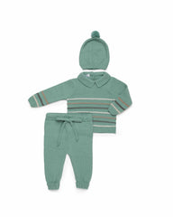 SAGE GREEN NEWBORN STRIPES AND KNIT COLLAR 3P SET