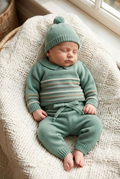 SAGE GREEN NEWBORN STRIPES AND KNIT COLLAR 3P SET