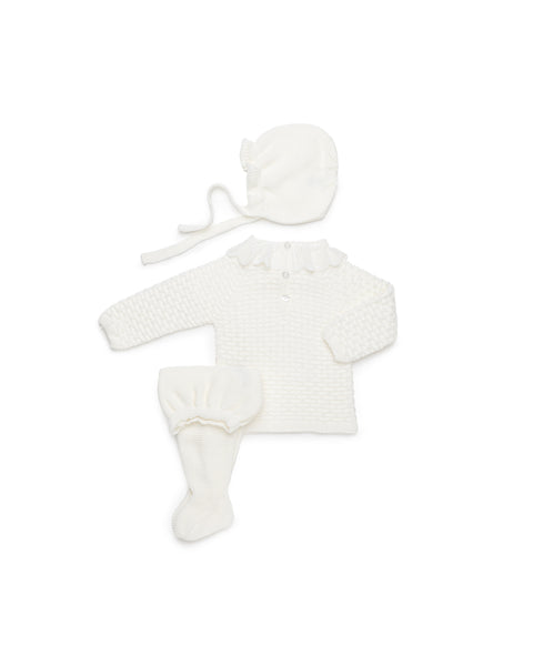 IVORY NEWBORN GATHERED AND LACE TRIMMED 3P SET