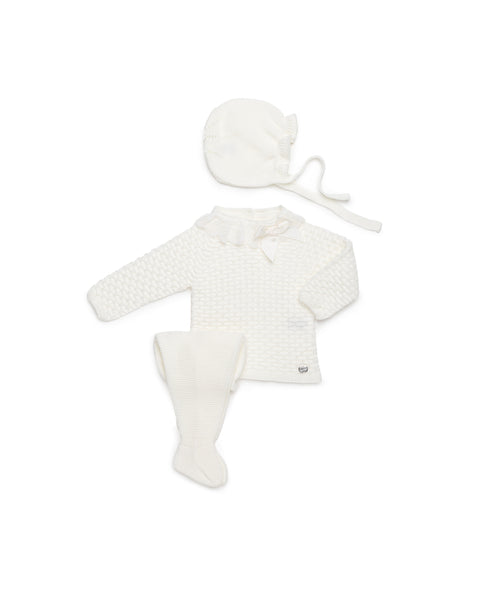IVORY NEWBORN GATHERED AND LACE TRIMMED 3P SET