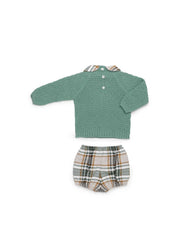 BOYS CHECKED SHORT PANTS AND GREEN KNIT SWEATER SET