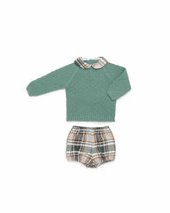 BOYS CHECKED SHORT PANTS AND GREEN KNIT SWEATER SET