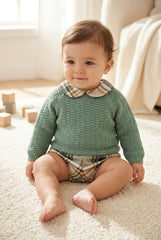 BOYS CHECKED SHORT PANTS AND GREEN KNIT SWEATER SET