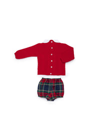 BOYS RED KNITTED SWEATER AND TARTAN PLAID SHORT SET