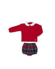 BOYS RED KNITTED SWEATER AND TARTAN PLAID SHORT SET