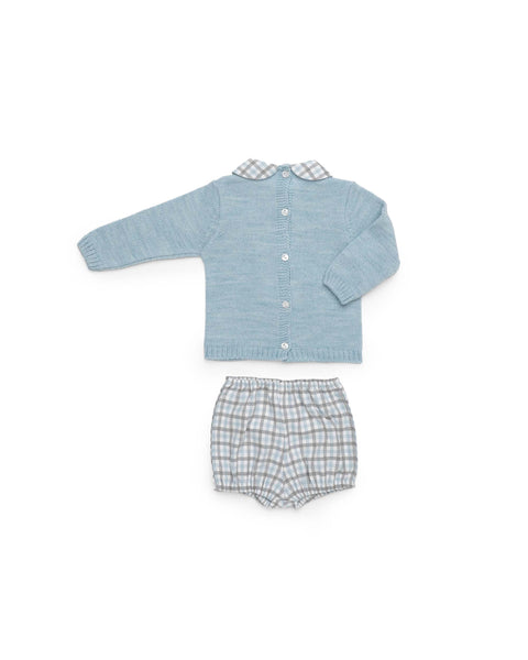 BOYS CHECKED SHORT PANTS AND BEAR KNIT SWEATER SET