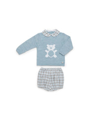 BOYS CHECKED SHORT PANTS AND BEAR KNIT SWEATER SET