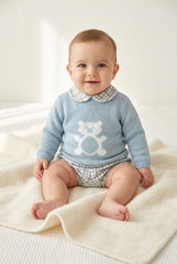 BOYS CHECKED SHORT PANTS AND BEAR KNIT SWEATER SET