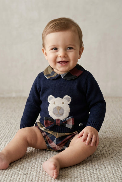 BOYS CHECKED SHORT PANTS BEAR KNIT SWEATER SET