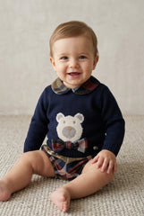 BOYS CHECKED SHORT PANTS BEAR KNIT SWEATER SET