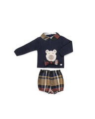 BOYS CHECKED SHORT PANTS BEAR KNIT SWEATER SET