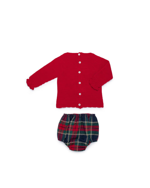 BOYS RED PLAID SHORT PANTS BALLOON BEAR KNIT SWEATER SET