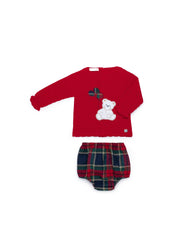 BOYS RED PLAID SHORT PANTS BALLOON BEAR KNIT SWEATER SET