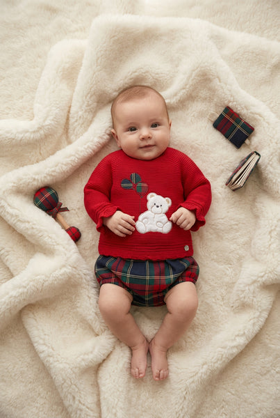 BOYS RED PLAID SHORT PANTS BALLOON BEAR KNIT SWEATER SET