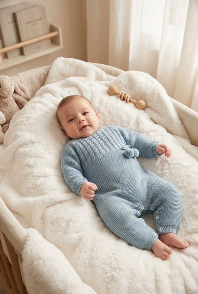 DUSTY BLUE POM POMS KNITTED ROMPER