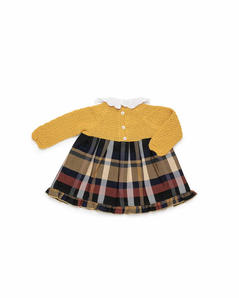 GIRLS KNITTED AND PLAID MUSTARD DRESS