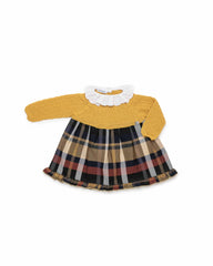 GIRLS KNITTED AND PLAID MUSTARD DRESS