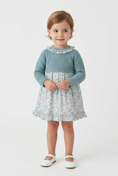 GIRLS FLORAL AND KNIT DRESS
