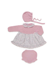 GIRLS LITTLE FLOWERS KNIT DRESS WITH BLOOMER AND BONNET SET