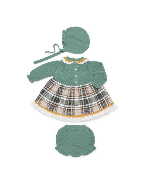 GIRLS CHECKED KNITTED DRESS, BLOOMER AND BONNET SET