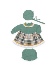 GIRLS CHECKED KNITTED DRESS, BLOOMER AND BONNET SET