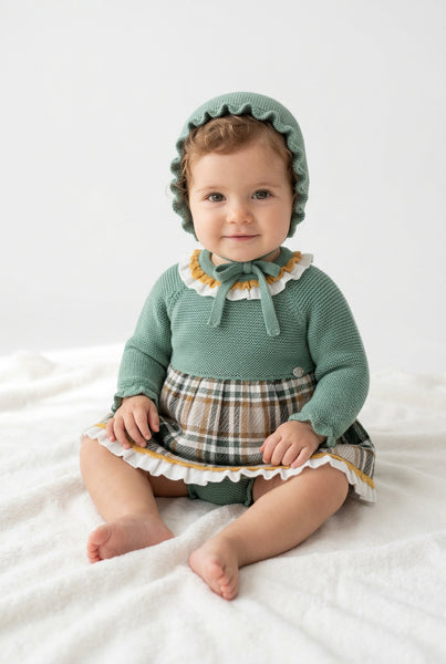 GIRLS CHECKED KNITTED DRESS, BLOOMER AND BONNET SET