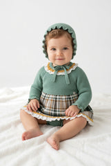 GIRLS CHECKED KNITTED DRESS, BLOOMER AND BONNET SET
