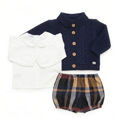 BOYS CHECKED SHORT PANTS, KNIT JACKET AND SHIRT SET