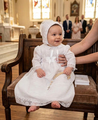 BAUTISMO TRADICIONAL VESTIDO BLANCO MANGA LARGA CINTA