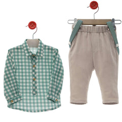 BOYS PLAID SHIRT WITH SUSPENDER AND PANTS SET BOTONES