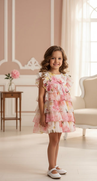 GIRL ROSES PRINT LAYERED DRESS