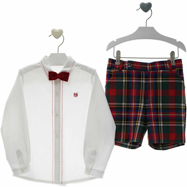 BOYS TARTAN SHORT AND SHIRT WITH BOW TIE SET MARILYN