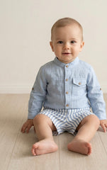 BOYS MAO COLLAR SHIRT AND BLUE STRIPED SHORT 2P NAGARE