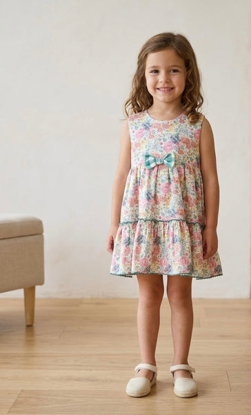 GIRLS FLORAL WITH VICHY BOW DRESS