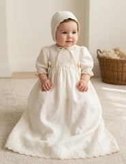 CHRISTENING IVORY LINEN GOWN WITH BONNET