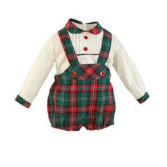 BOYS GREEN TARTAN PLAID ROMPER WITH SHIRT SET